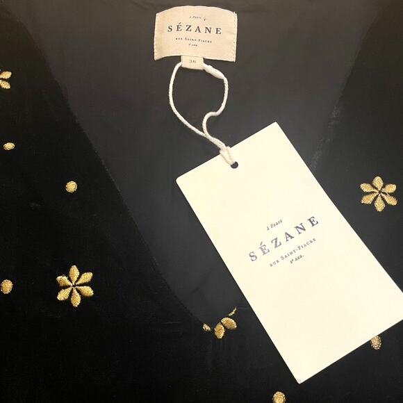 Sézane 36 Galeo Velvet Blouse | Black Gold Embroidered Flowers, US 4 S, NWT - Picture 11 of 15